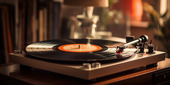 AI Generated. AI Generative. Retro vintage antique sound music audio vinyl player record box at cozy home. Graphic Art photo
