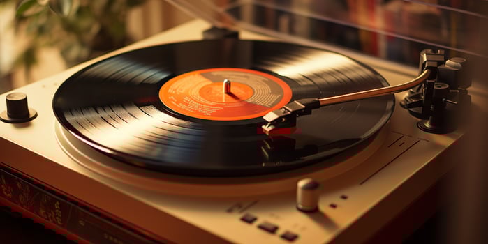 AI Generated. AI Generative. Retro vintage antique sound music audio vinyl player record box at cozy home. Graphic Art photo