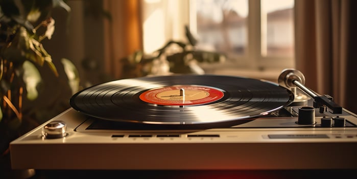 AI Generated. AI Generative. Retro vintage antique sound music audio vinyl player record box at cozy home. Graphic Art photo