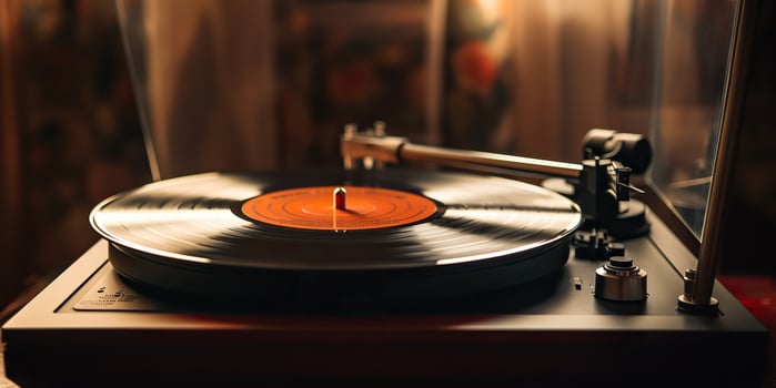 AI Generated. AI Generative. Retro vintage antique sound music audio vinyl player record box at cozy home. Graphic Art photo