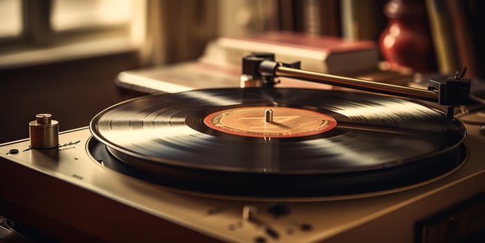 AI Generated. AI Generative. Retro vintage antique sound music audio vinyl player record box at cozy home. Graphic Art photo
