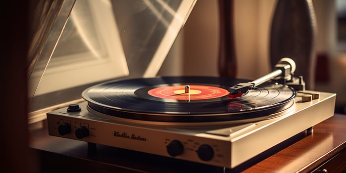 AI Generated. AI Generative. Retro vintage antique sound music audio vinyl player record box at cozy home. Graphic Art photo