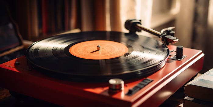 AI Generated. AI Generative. Retro vintage antique sound music audio vinyl player record box at cozy home. Graphic Art photo