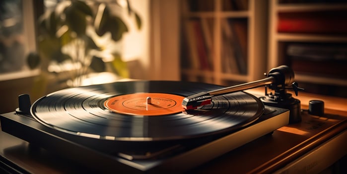 AI Generated. AI Generative. Retro vintage antique sound music audio vinyl player record box at cozy home. Graphic Art photo