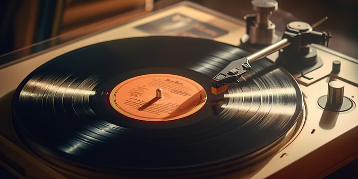 AI Generated. AI Generative. Retro vintage antique sound music audio vinyl player record box at cozy home. Graphic Art photo