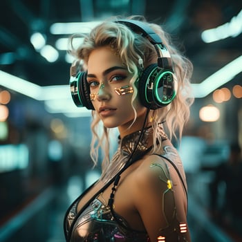 Cyberpunk woman portrait futuristic neon style photo