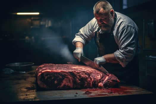 Butcher cutting a piece of meat with a knife in a restaurant kitchen, A butcher sharpening a large meat cleaver, AI Generated photo