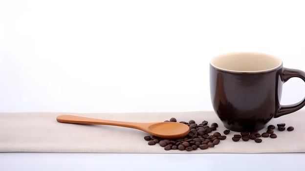 Black coffee cup, wooden spoon and coffee seeds. photo