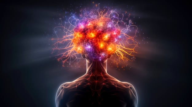 Head of person and neural network of brain with a problematic areas, Psychic waves concept, Generative AI illustration photo