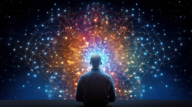 Head of person and neural network of brain with a problematic areas, Psychic waves concept, Generative AI illustration photo