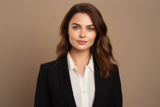 Portrait of beautiful young woman with happy and confident face on studio background. Business concept. AI Generated photo