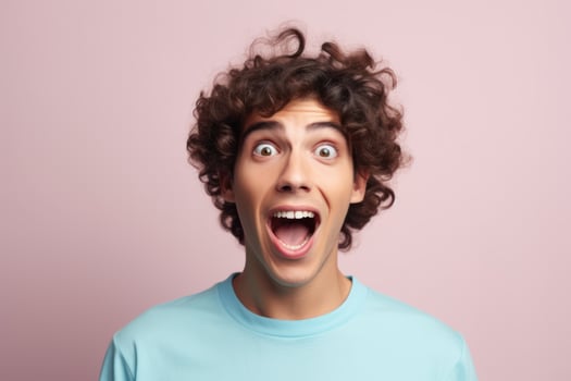Surprised happy man looking in excitement. Isolated on pastel background. AI Generated photo