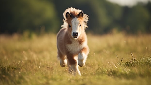 a Mini Pony Horse running on the wide grass photo