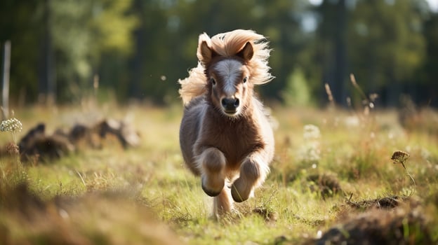 a Mini Pony Horse running on the wide grass photo