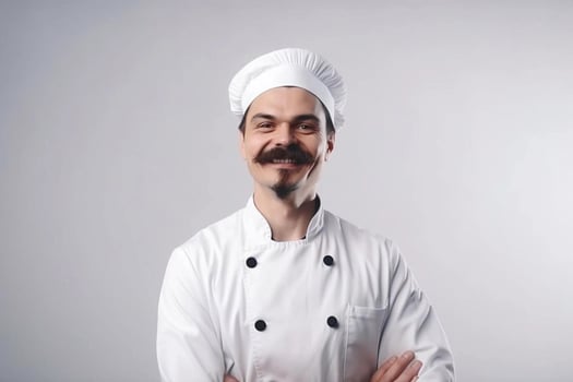 A man chef with a beard and mustache in a white uniform greets customers. White background. photo