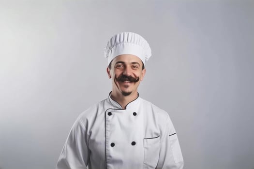 A man chef with a beard and mustache in a white uniform greets customers. White background. photo