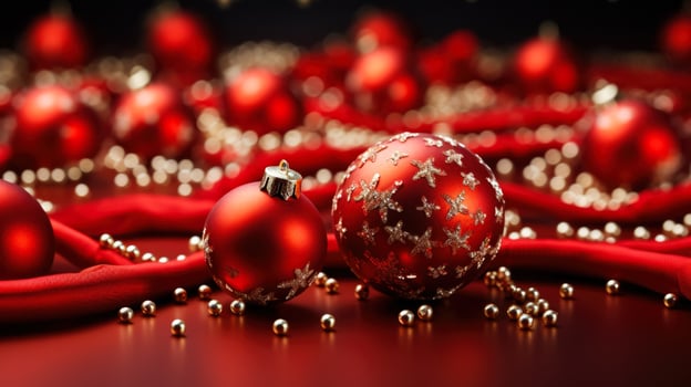 Red sweater fabric with sparkling holiday ornaments photo