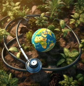 Stethoscope and the planet earth on the soil, nature stock photo