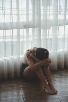 panic attacks alone young girl sad fear stressful depressed emotional.crying use hand cover face begging help.stop abusing domestic violence in women,person with health anxiety,people bad feeling down photo