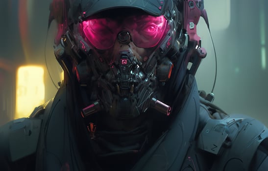 Cyberpunk Man portrait futuristic neon style wear a robotic headset photo