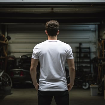 AI generative A man wearing a plain white t - shirt on the garage facing backwards, perfect to create tshirt mockup photo