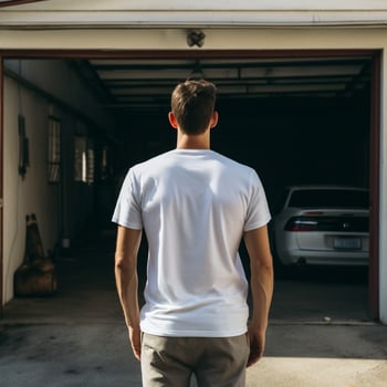 AI generative A man wearing a plain white t - shirt on the garage facing backwards, perfect to create tshirt mockup photo