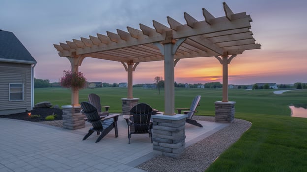Relaxing Retreat Cozy Backyard with Fire Pit and Pergola Seating, Generative AI photo