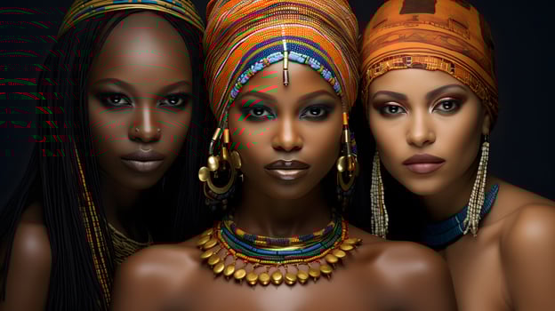 Young beautiful African female friends with ethnic jewelry. photo