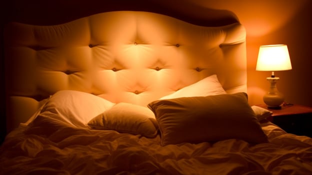Romantic Retreat Cozy Bedroom with King-Sized Tufted Bed and Soft Lighting, Generative AI photo