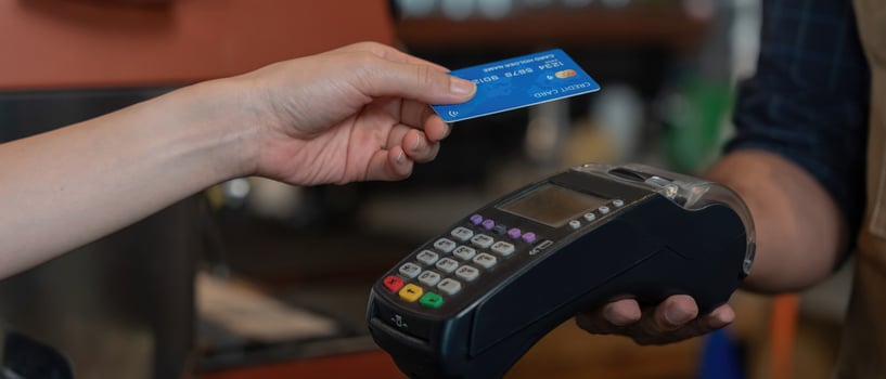 Woman use credit card pay money online in cafe restaurant with a digital payment without cash. accumulate discount. E wallet, technology, pay online, credit card, bank app. daily life payment photo
