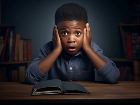 African kid in emotional dynamic pose in school AI Generative photo