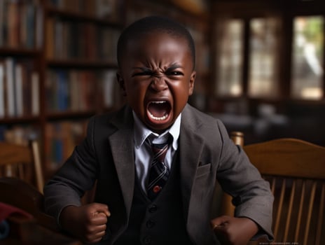 African kid in emotional dynamic pose in school AI Generative photo
