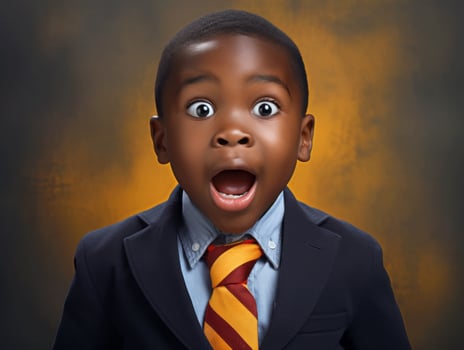 African kid in emotional dynamic pose in school AI Generative photo