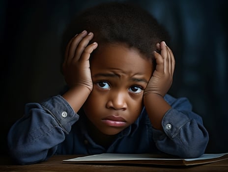 African kid in emotional dynamic pose in school AI Generative photo
