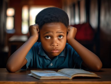 African kid in emotional dynamic pose in school AI Generative photo
