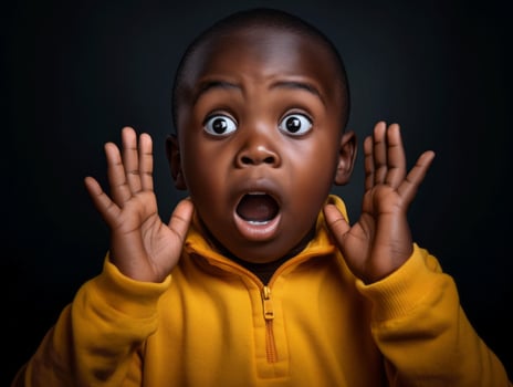 African kid in emotional dynamic pose in school AI Generative photo