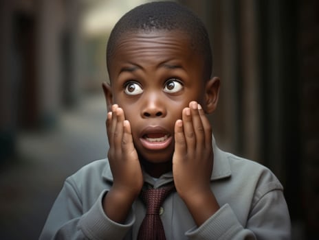 African kid in emotional dynamic pose in school AI Generative photo