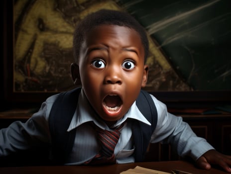 African kid in emotional dynamic pose in school AI Generative photo