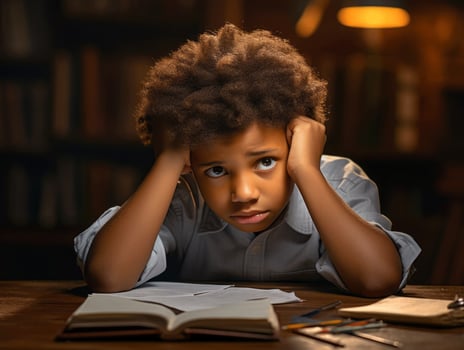 African kid in emotional dynamic pose in school AI Generative photo