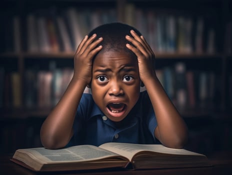African kid in emotional dynamic pose in school AI Generative photo