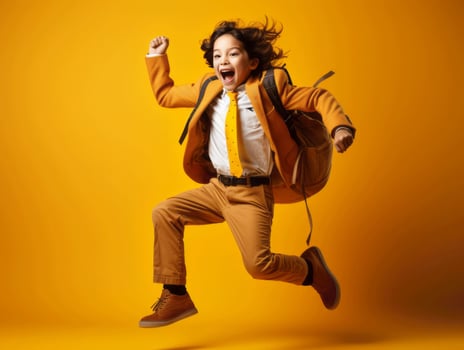 Asian kid in emotional dynamic pose in school AI Generative photo