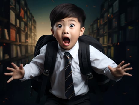 Asian kid in emotional dynamic pose in school AI Generative photo