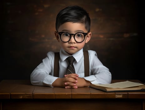 Asian kid in emotional dynamic pose in school AI Generative photo