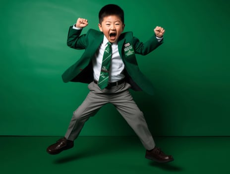 Asian kid in emotional dynamic pose in school AI Generative photo