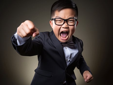 Asian kid in emotional dynamic pose in school AI Generative photo