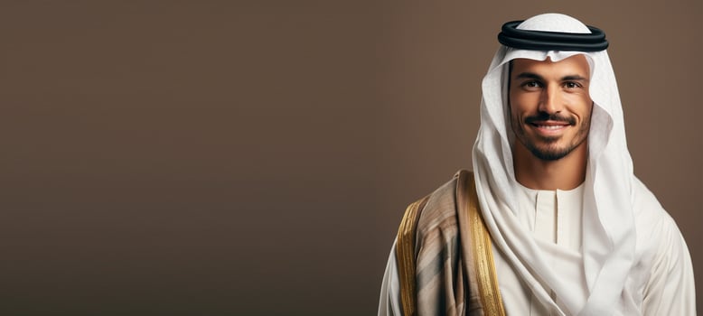 Portrait of arabian man with traditional clothes on brown background AI Generated photo