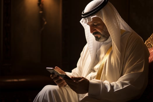 Close-up of Muslim man using mobile smart phone in the mosque AI Generated photo