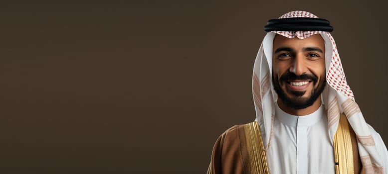 Portrait of arabian man with traditional clothes on brown background AI Generated photo