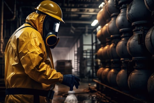 Chemical specialist wear safety uniform and gas mask inspecting chemical leak in industry factory photo