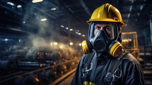 Chemical specialist wear safety uniform and gas mask inspecting chemical leak in industry factory photo